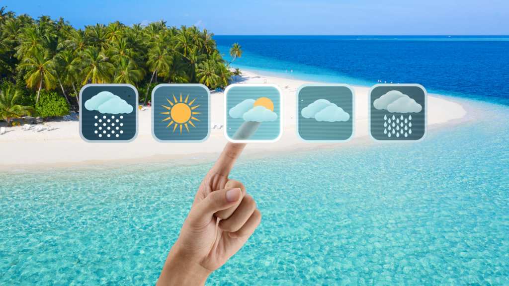 Ręka wybierająca ikonę słonecznej pogody na tle tropikalnej plaży na Malediwach